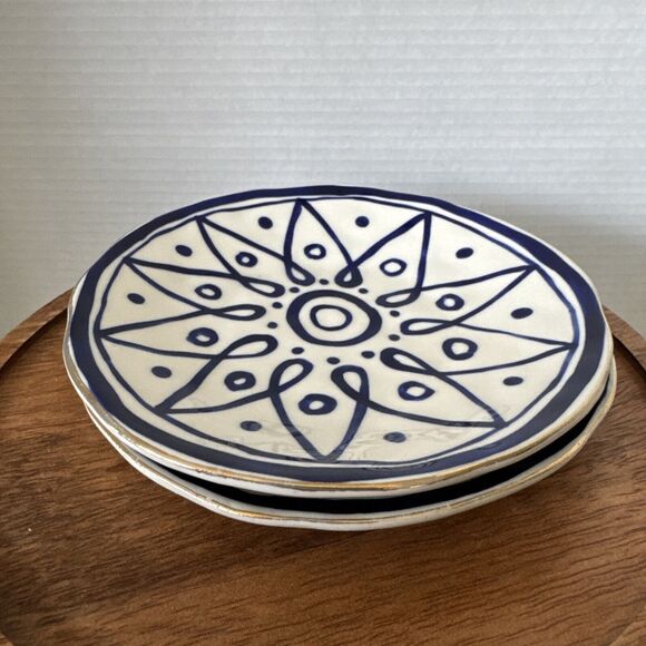 Set Of 2 Hand Painted 6.25” Blue And White Plate/Trinket Dishes Gold Rims - Picture 14 of 16